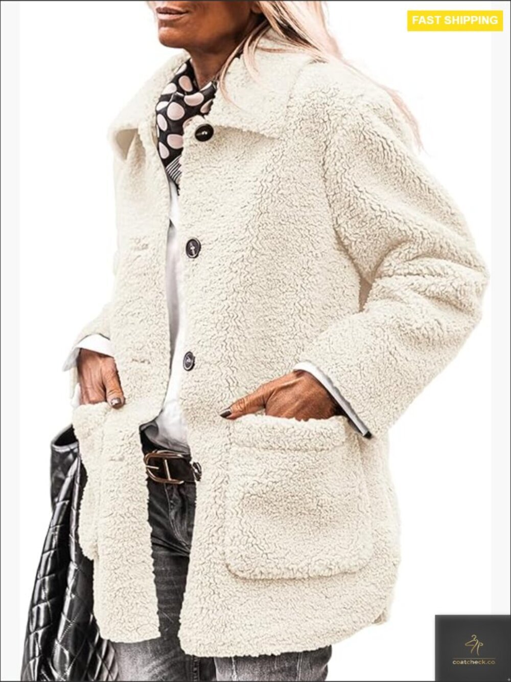 Faux Fur Coat Long Sleeve Lapel Button Down Pockets Sherpa Jacket Trendy Winter
